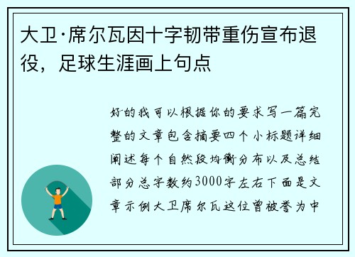 大卫·席尔瓦因十字韧带重伤宣布退役，足球生涯画上句点